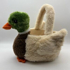 MALLARD Duck Plush Basket with Handle Brown Green Beige Easter Fluffy Carrier